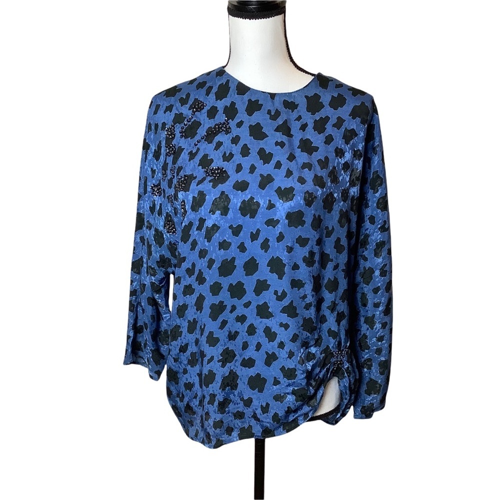 Vintage Blue Leopard Print Beaded Ruched Front Dolman‎ Sleeve Blouse Women’s M/L